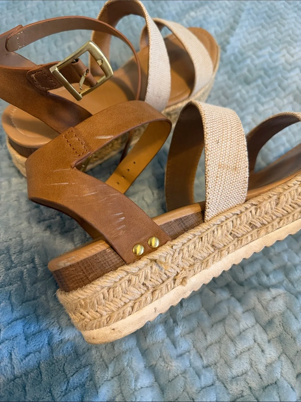 Soda Canvas Triple-Strap Espadrille Sandals in Beige and Brown